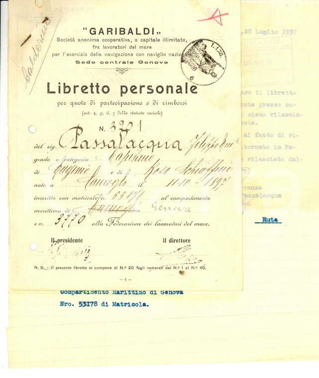 1937 GENOVA Libretto Società GARIBALDI capitano Filippo PASSALACQUA