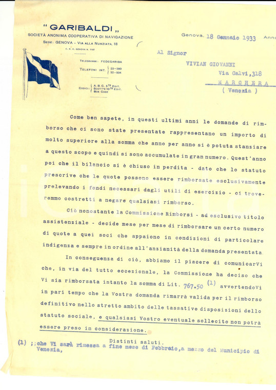 1933 GENOVA Società Navigazione GARIBALDI non rimborsa i soci