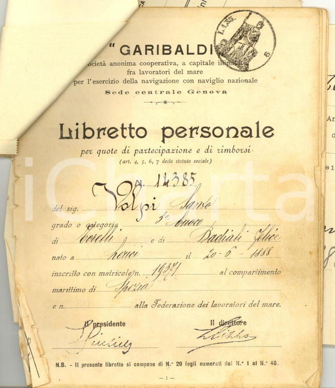 1935 GENOVA Libretto Società GARIBALDI cuoco Santo VOLPI