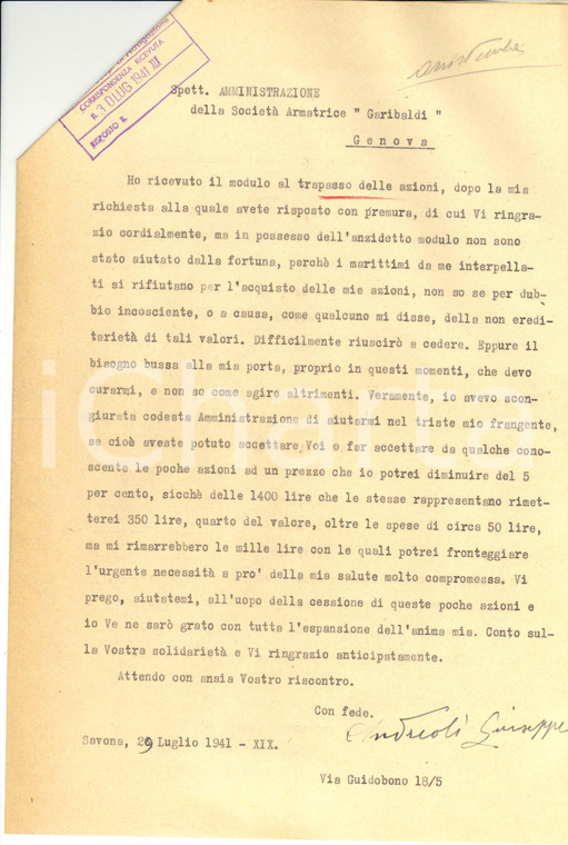 1941 SAVONA Giuseppe ANDREOLI chiede rimborso azioni GARIBALDI