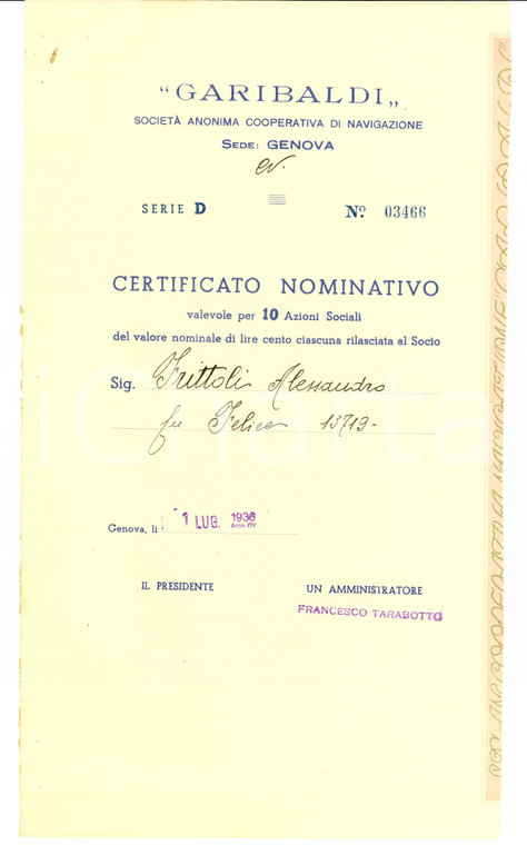 1936 GENOVA Certificato azioni Società GARIBALDI Alessandro FRITTOLI