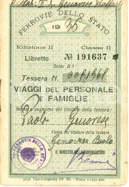 1936 FERROVIE DELLO STATO Tessera viaggi gratuiti Paolo GENOVESE