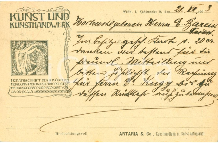 1903 WIEN Kunst und Kunsthandwerk Arthur VON SCALA Cartolina FP VG