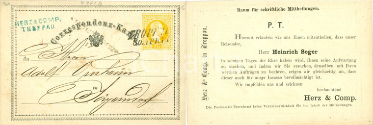 1871 TROPPAU Ditta HERZ & COMP. commesso viaggiatore Heinrich SEGER *Biglietto