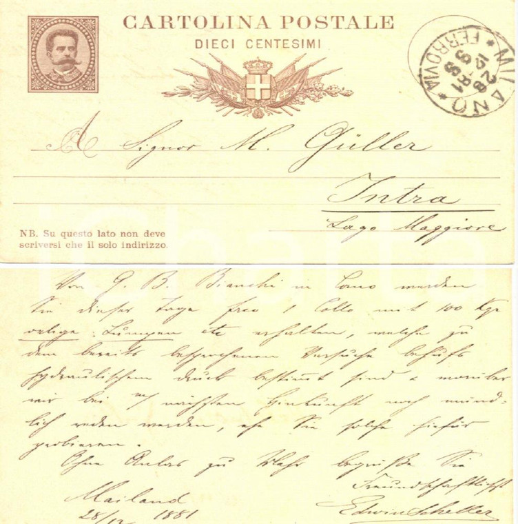 1881 MILANO Edwin SCHELLER  a Melchiorre GULLER Verbania INTRA *Cartolina FP VG