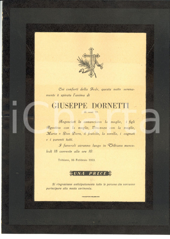 1953 TRIBIANO (MI) In morte di Giuseppe DORNETTI * Annuncio