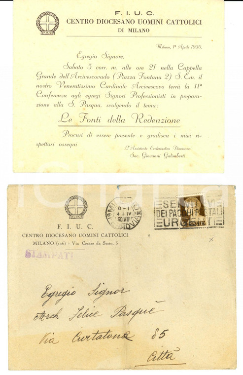1930 FIUC MILANO Invito a conferenza card. Ildefonso SCHUSTER