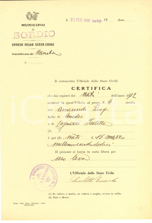 1930 SORDIO (LO) Atto di nascita di Luigi AMEUNDI *Documento