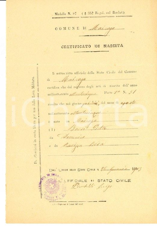 1903 MAIRAGO (LO) Atto di nascita di Pietro BOSSI *Documento