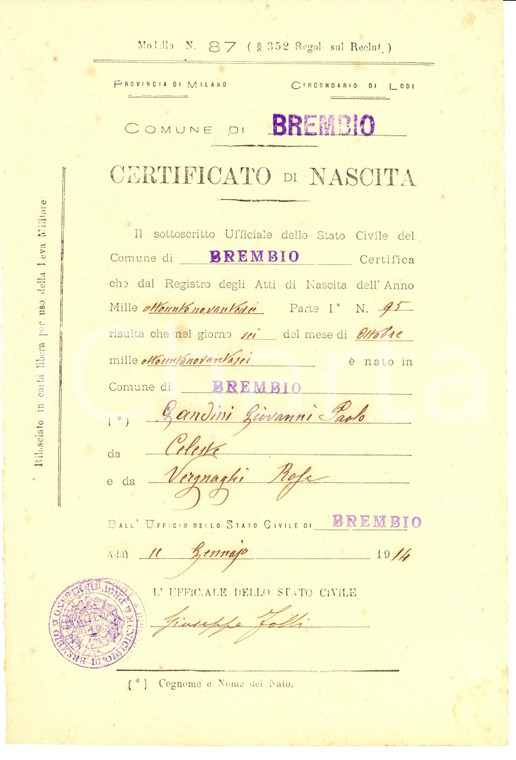 1914 BREMBIO (LO) Atto di nascita Giovanni Paolo GANDINI