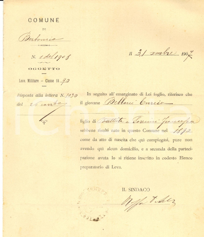 1907 BERTONICO (LO) Iscrizione alla leva di Enrico MAGNONI