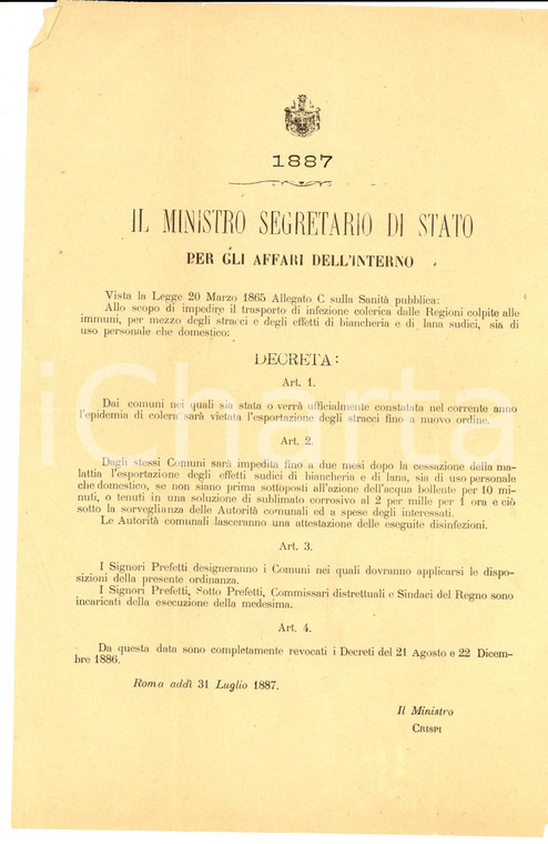 1887 ROMA Divieto di esportazione di stracci sudici contro il colera *Documento
