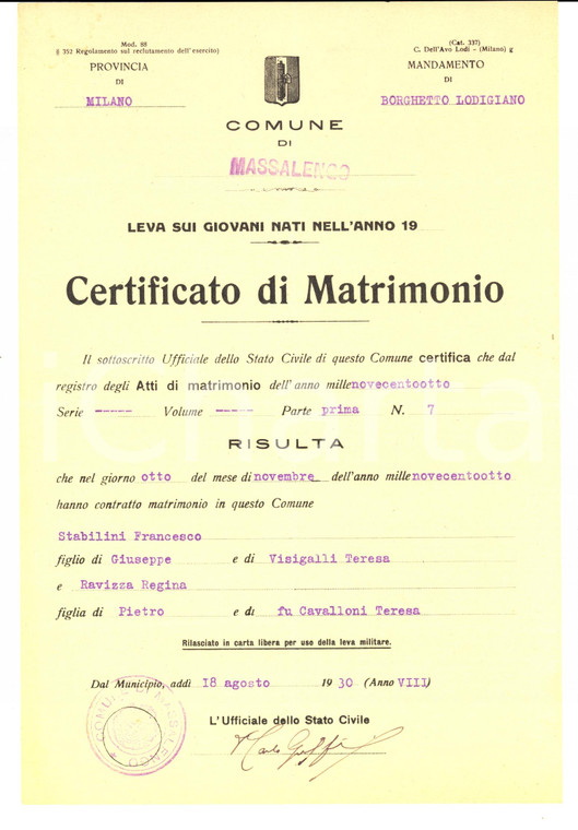 1930 MASSALENGO (LO) Certificato matrimonio Francesco STABILINI - Regina RAVIZZA