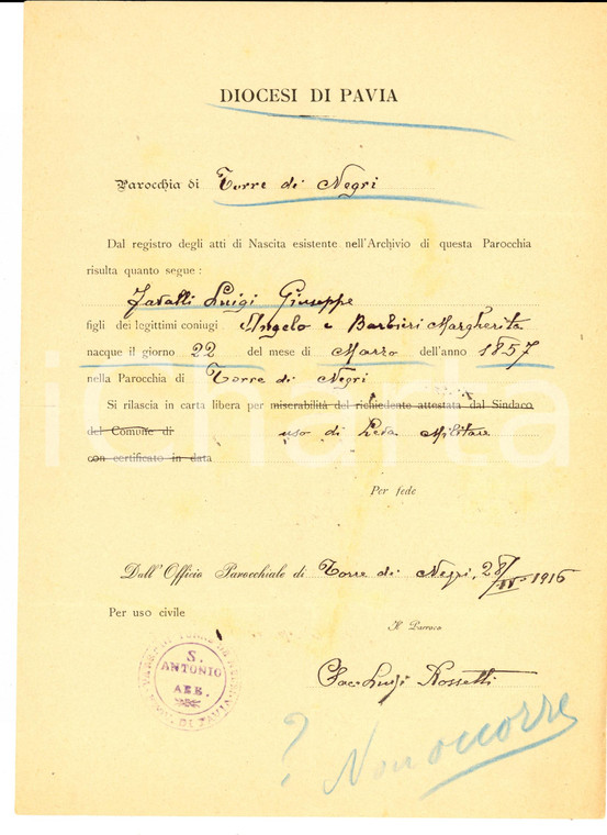 1916 TORRE DE' NEGRI (PV) Atto di nascita di Giuseppe Luigi FAVALLI