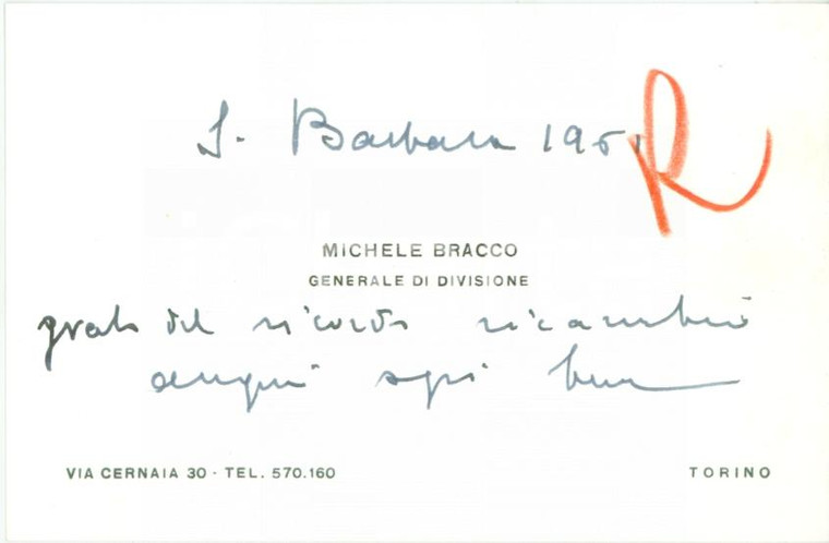 1961 TORINO Michele BRACCO Generale di Divisione *Biglietto con AUTOGRAFO