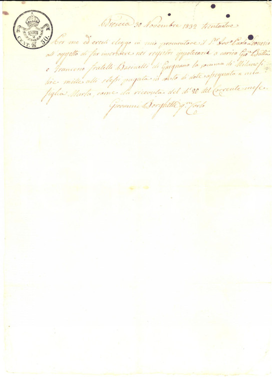 1832 BRESCIA Giovanni BORGHETTI nomina procuratore l'avv. Paolo LEONESIO