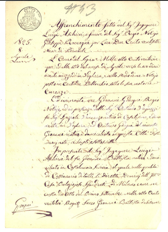 1825 CODEVILLA (PV) Ing. Luigi ASCHIERI cede terra LA PAVESE *Manoscritto