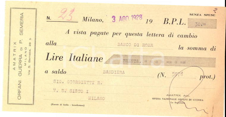 1928 MILANO Cambiale pubblicitaria AMATRIX Opera orfani di guerra PADRE SEMERIA