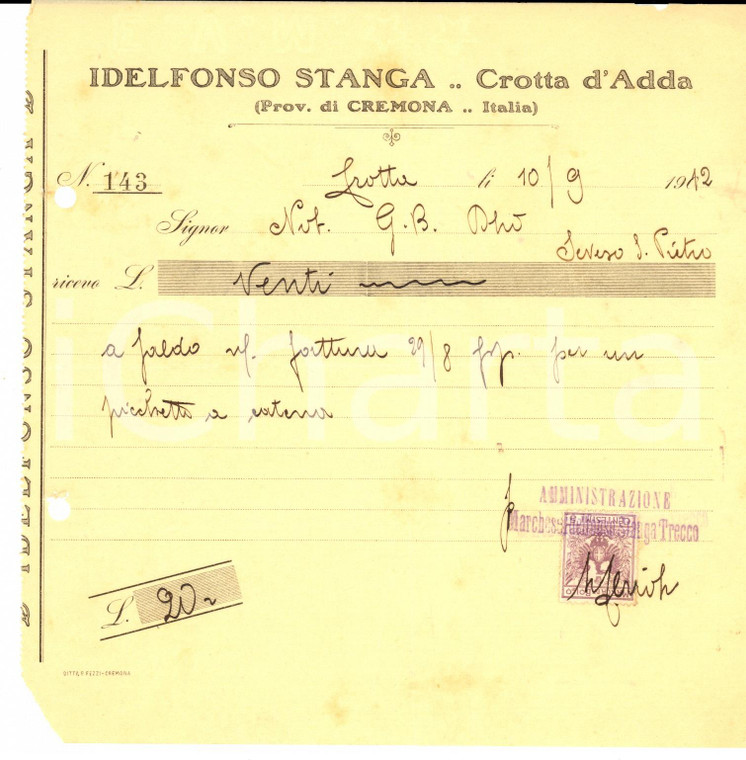 1912 CROTTA D'ADDA (CR) Ildefonso STANGA *Ricevuta per picchetto a catena