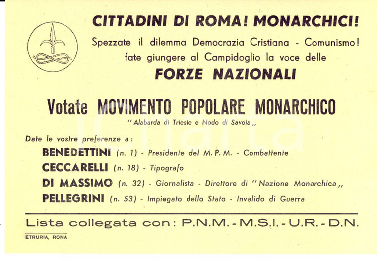 1952 ROMA Elezioni comunali - Movimento Popolare Monarchico *Vota BENEDETTINI
