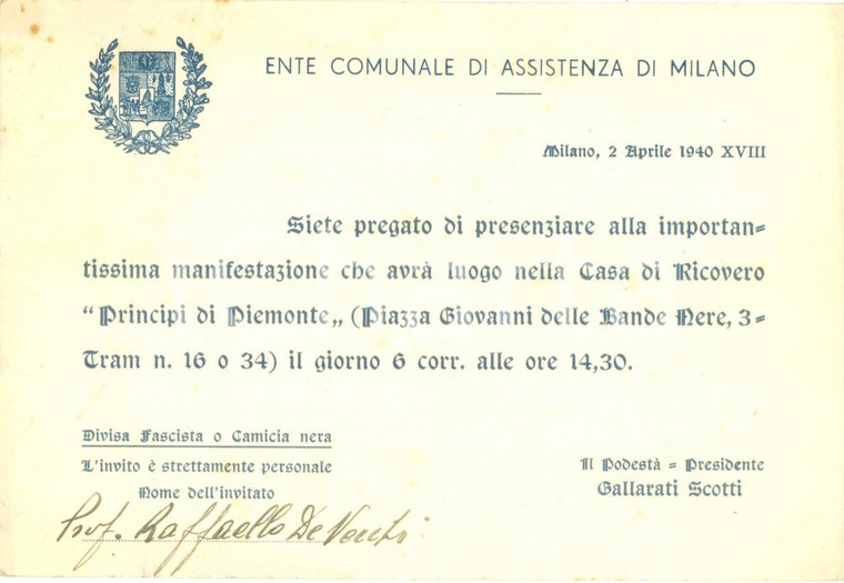 1940 MILANO Ente Comunale Assistenza invita a Casa di Ricovero PRINCIPI PIEMONTE