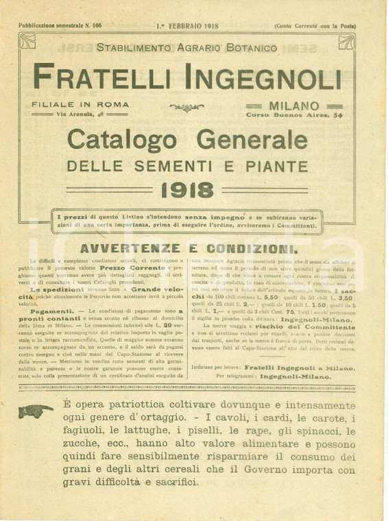1918 MILANO Stabilimento Agrario Botanico Fratelli INGEGNOLI Catalogo generale