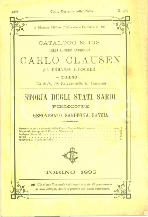 1895 TORINO Catalogo Libreria Antiquaria Carlo CLAUSEN Storia degli Stati Sardi
