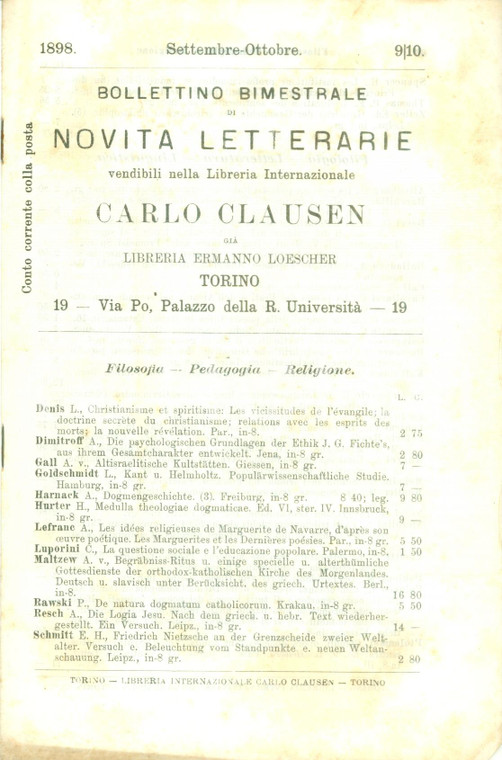 1898 TORINO Catalogo Libreria Internazionale Carlo CLAUSEN Novità letterarie