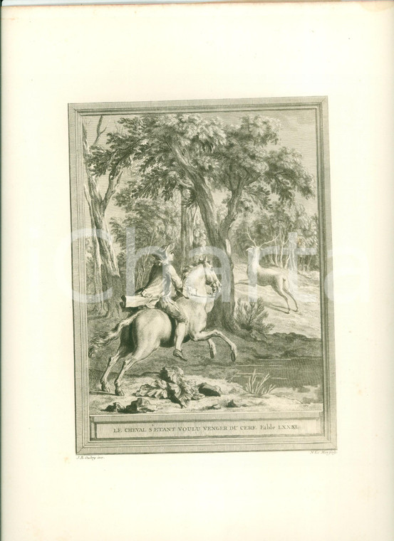 1760 Jean DE LA FONTAINE Le cheval et le cerf Stampa di Jean-Baptiste OUDRY