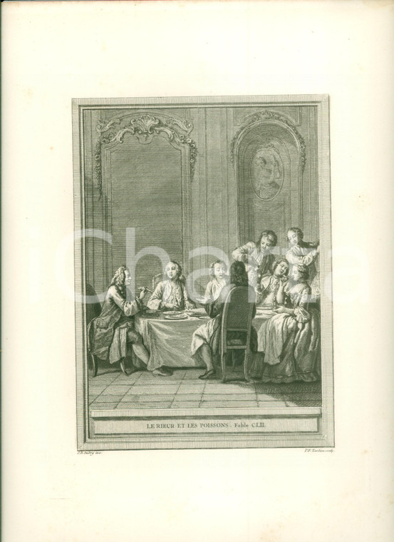 1760 Jean DE LA FONTAINE Le rieur et les poissons Stampa di Jean-Baptiste OUDRY