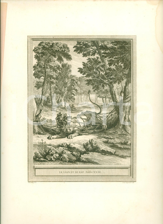 1760 Jean DE LA FONTAINE Le lion et le rat Stampa di Jean-Baptiste OUDRY