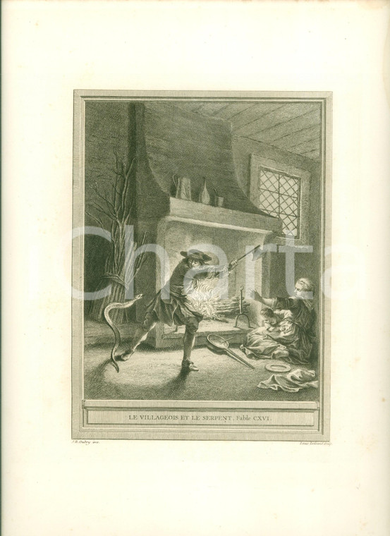 1760 Jean DE LA FONTAINE Le villageois et le serpent Stampa Jean-Baptiste OUDRY