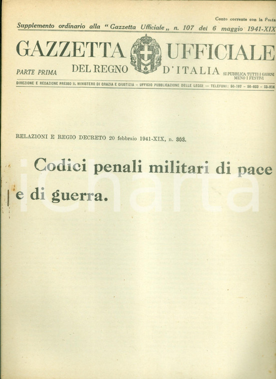 1941 GAZZETTA UFFICIALE WW2 Codici penali militari di pace e di guerra