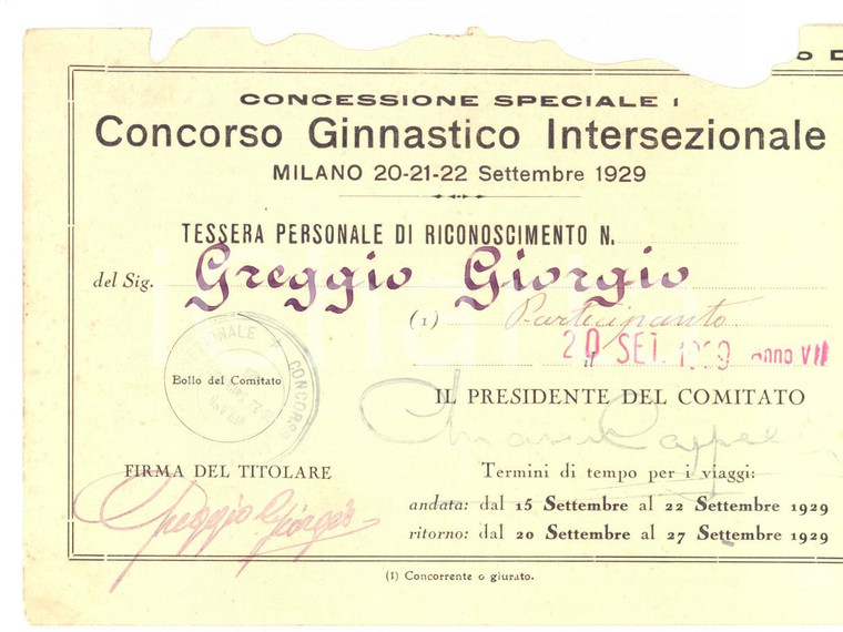 1929 MILANO Concorso Ginnastico Intersezionale *Tessera Giorgio GREGGIO