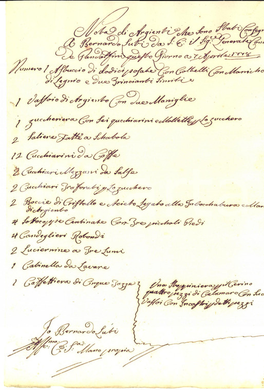 1778 FIRENZE Argenteria del conte Ferdinando PANDOLFINI a Bernardo LUTI
