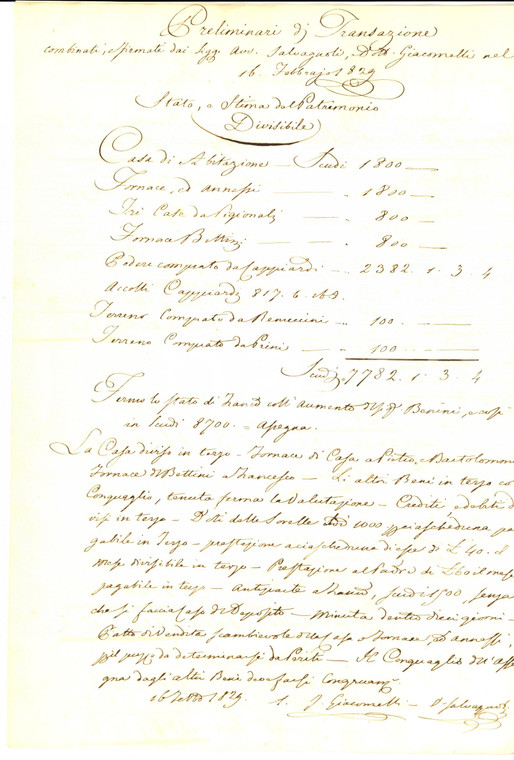 1831 FIRENZE Accordi famiglia PARIGI su divisione ereditaria casa e fornace