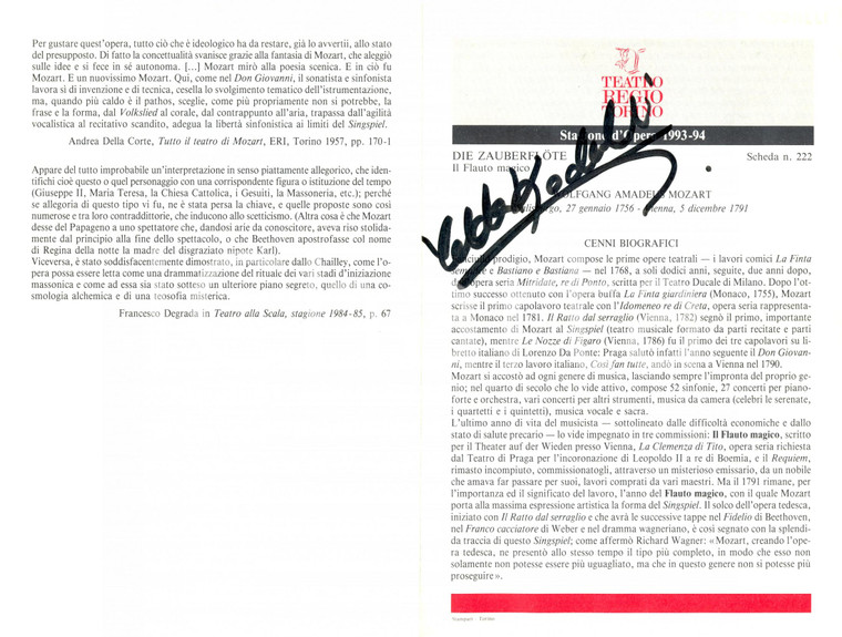 1994 TORINO TEATRO REGIO Autografo Yelda KODALLI Il flauto magico *Opuscolo