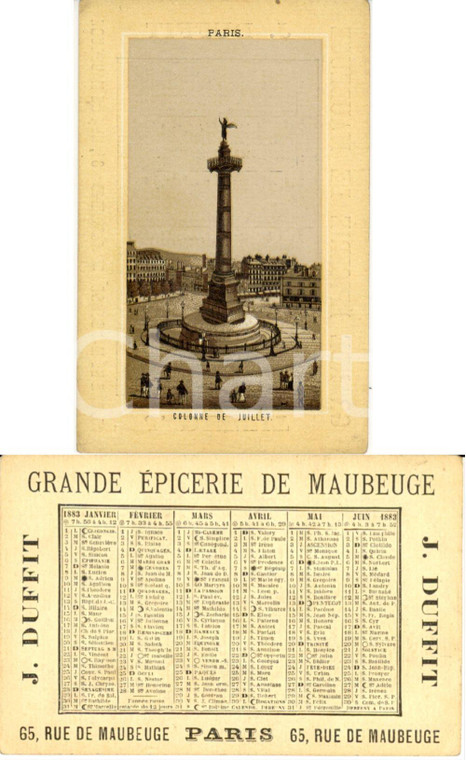 1883 PARIS Jules DUFFIT Grande épicerie de MAUBERGE Illustrato con calendario