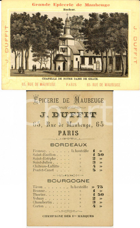 1883 PARIS Jules DUFFIT Grande épicerie de MAUBERGE Listino prezzi HONFLEUR