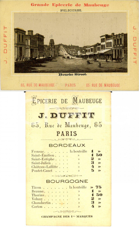 1883 PARIS Jules DUFFIT Grande épicerie de MAUBERGE Listino prezzi MELBOURNE