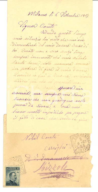 1907 MILANO Angelo MATTIOLI in miseria al conte Giuseppe ARRIGHI *Lettera