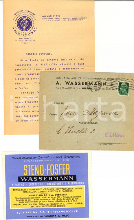 1943 MILANO Società WASSERMANN Pubblicità STENO-FOSFER *Farmaceutica