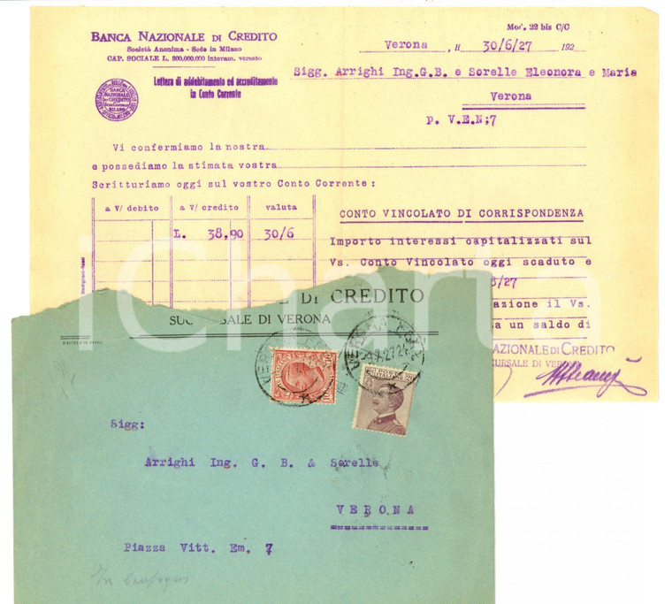 1927 VERONA Banca NAZIONALE DI CREDITO Lettera addebitamento