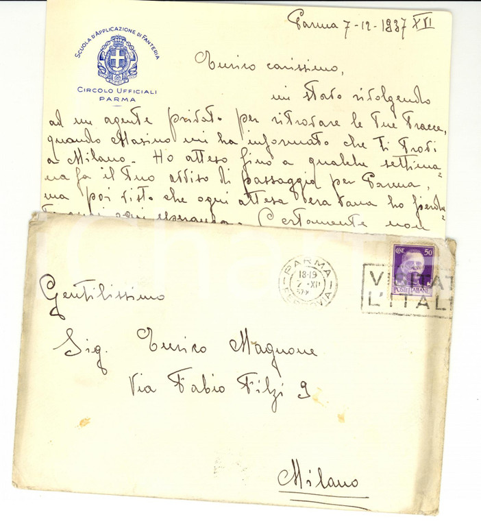 1937 PARMA Scuola d'applicazione di fanteria - Circolo Ufficiali *Lettera