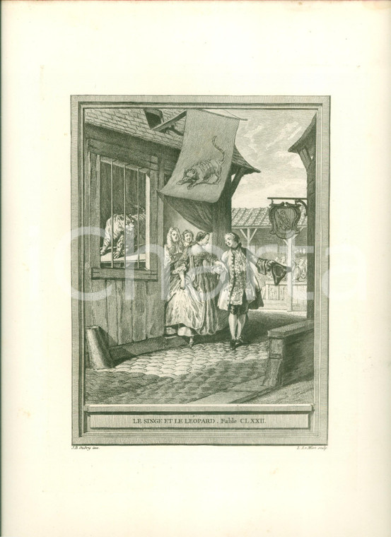 1760 Jean DE LA FONTAINE Le singe et le léopard Stampa Jean-Baptiste OUDRY