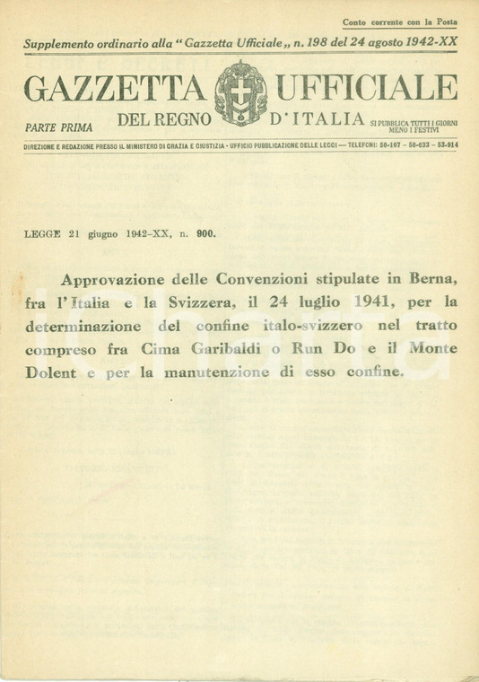 1942 GAZZETTA UFFICIALE Convenzioni di BERNA per confine tra ITALIA e SVIZZERA