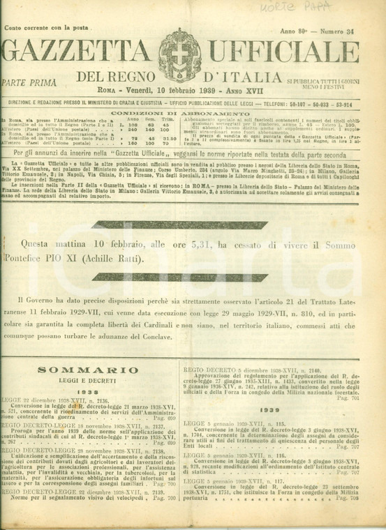 1939 GAZZETTA UFFICIALE Annuncio della morte di papa PIO XI