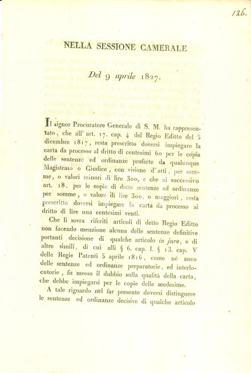 1827 TORINO Norme sull'uso della carta da processo per le sentenze *Documento