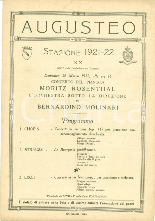 1922 ROMA Concerto pianista Moritz ROSENTHAL Teatro AUGUSTEO *Programma