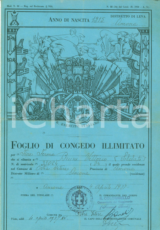 1937 OSTRA VETERE (AN) Congedo illimitato Vittorio BRUNI Illustrato